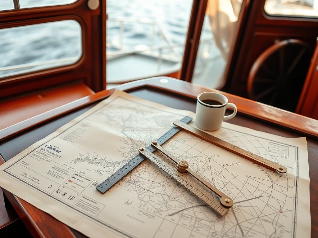 Vintage yacht chart table with parallel rulers, dividers, and a coffee cup